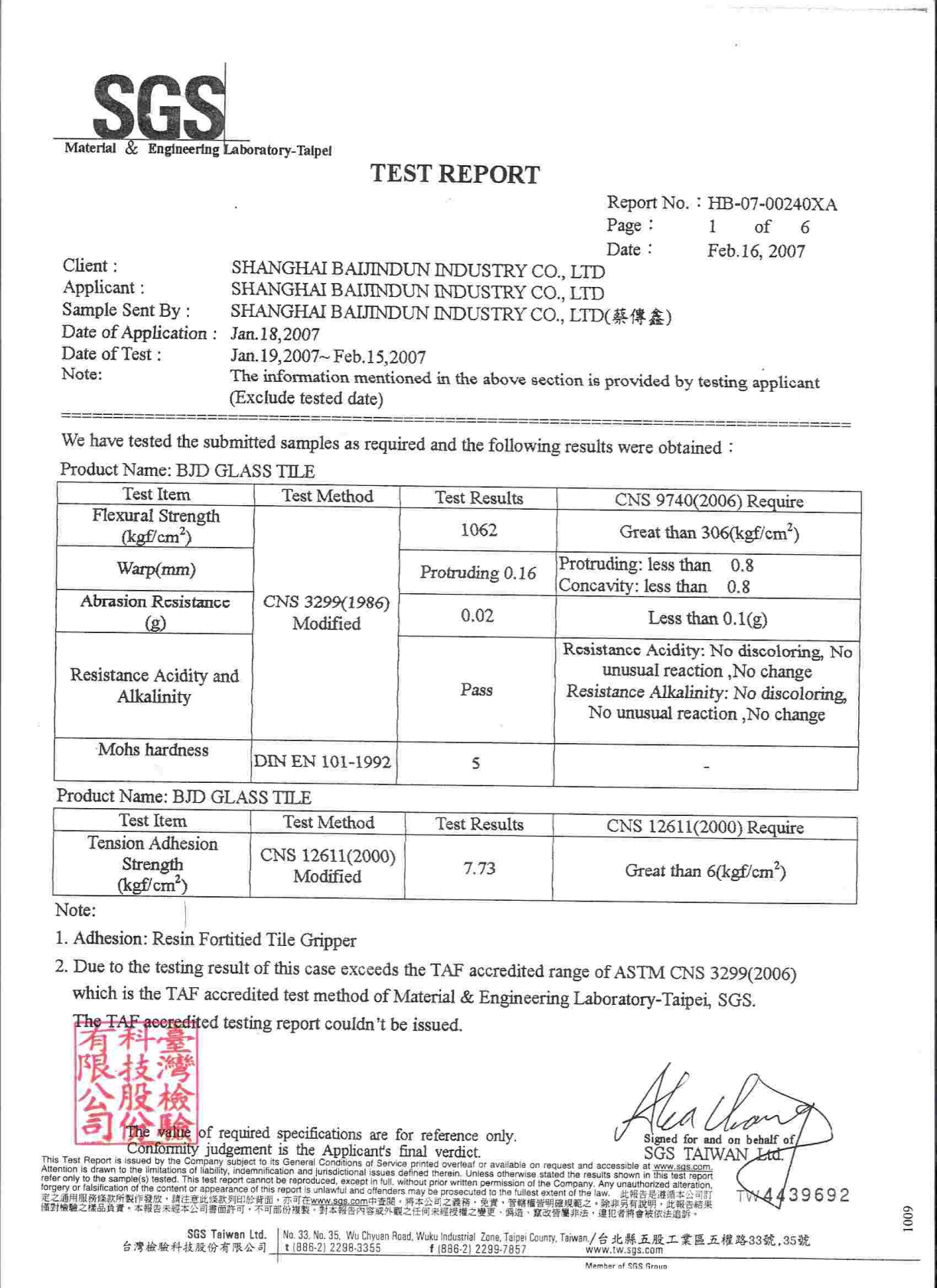 SGS Material & Engineering Laboratory Test Report